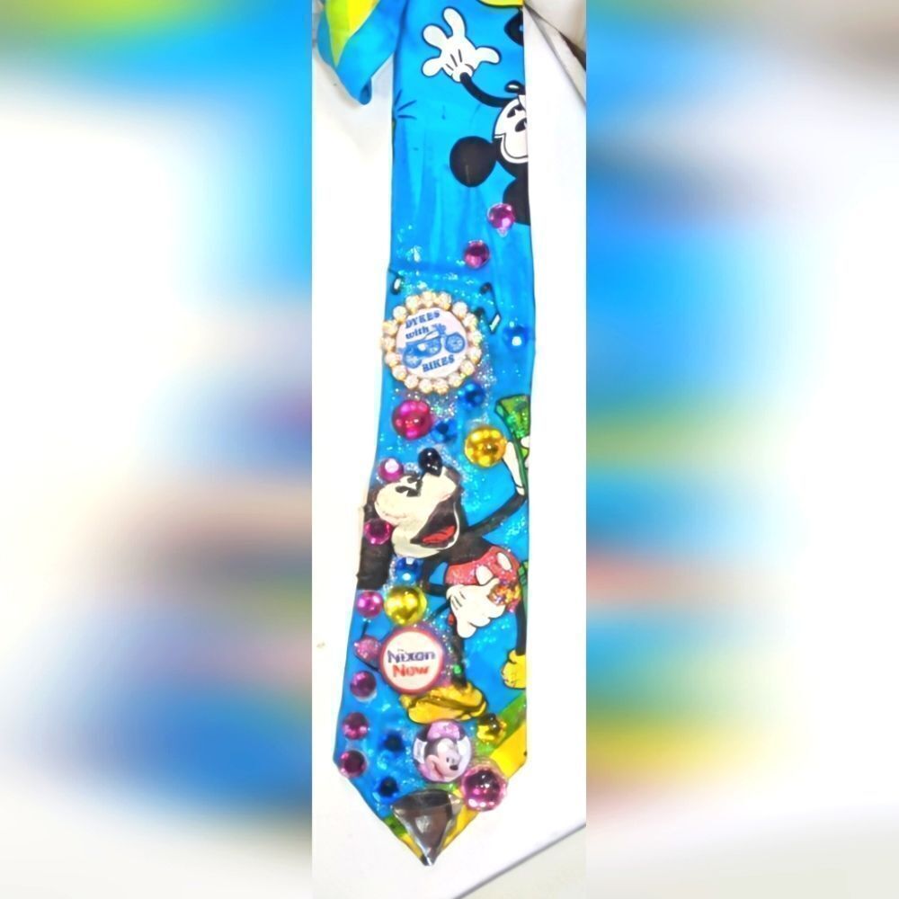 Wendy Gell Disney Pop art tie, Mickey, Nixon Now, Dikes with Bikes, Minnie pins.